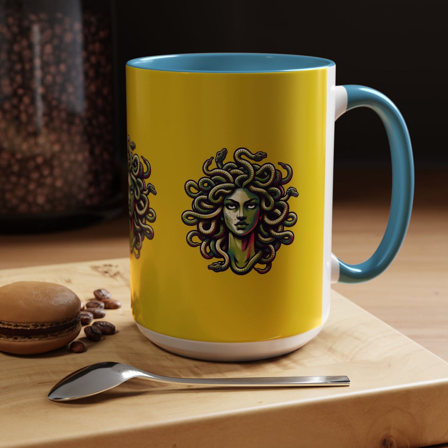 Medusa Accent Coffee Mug — Mythical Snake-Head Design, Yellow & Black Accent (11/15oz)