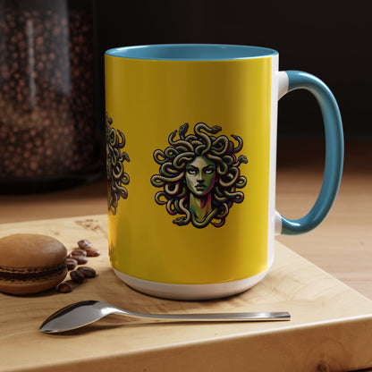 Medusa Accent Coffee Mug — Mythical Snake-Head Design, Yellow & Black Accent (11/15oz)