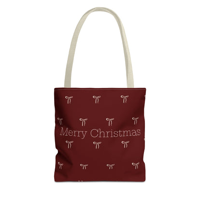 Christmas Tote Bag — Burgundy 'Merry Christmas' Bow Pattern Holiday Gift Tote