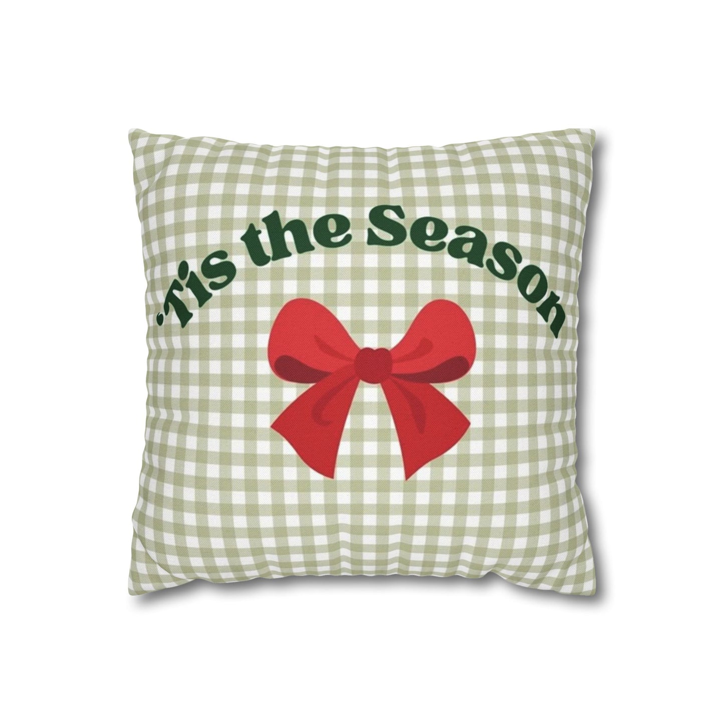 Christmas Throw Pillowcase — "’Tis the Season" Green Gingham with Red Bow