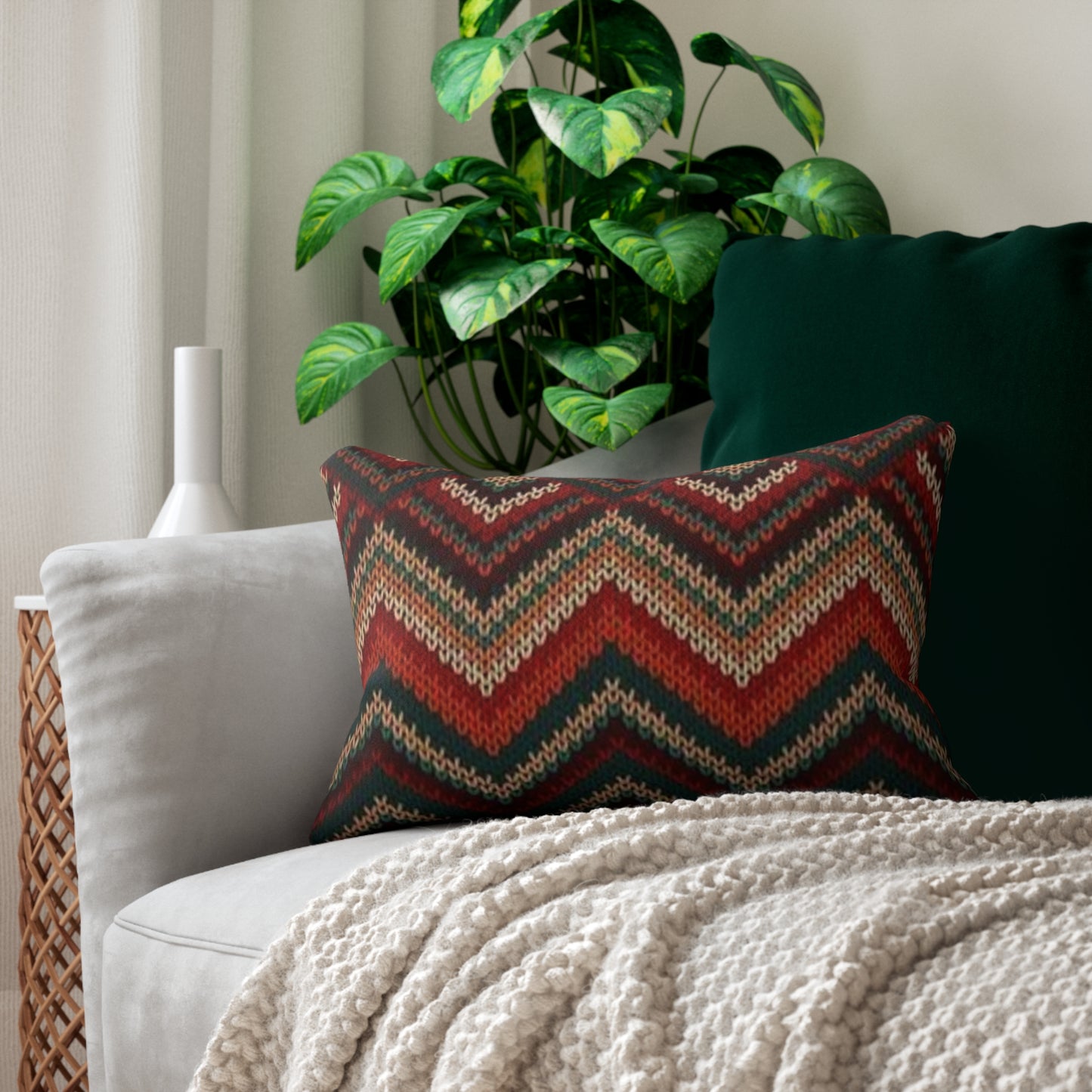 Chevron Knit Pattern Lumbar Pillow — Rustic Red & Forest Green Home Accent
