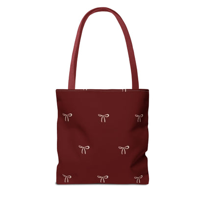 Christmas Tote Bag — Burgundy 'Merry Christmas' Bow Pattern Holiday Gift Tote