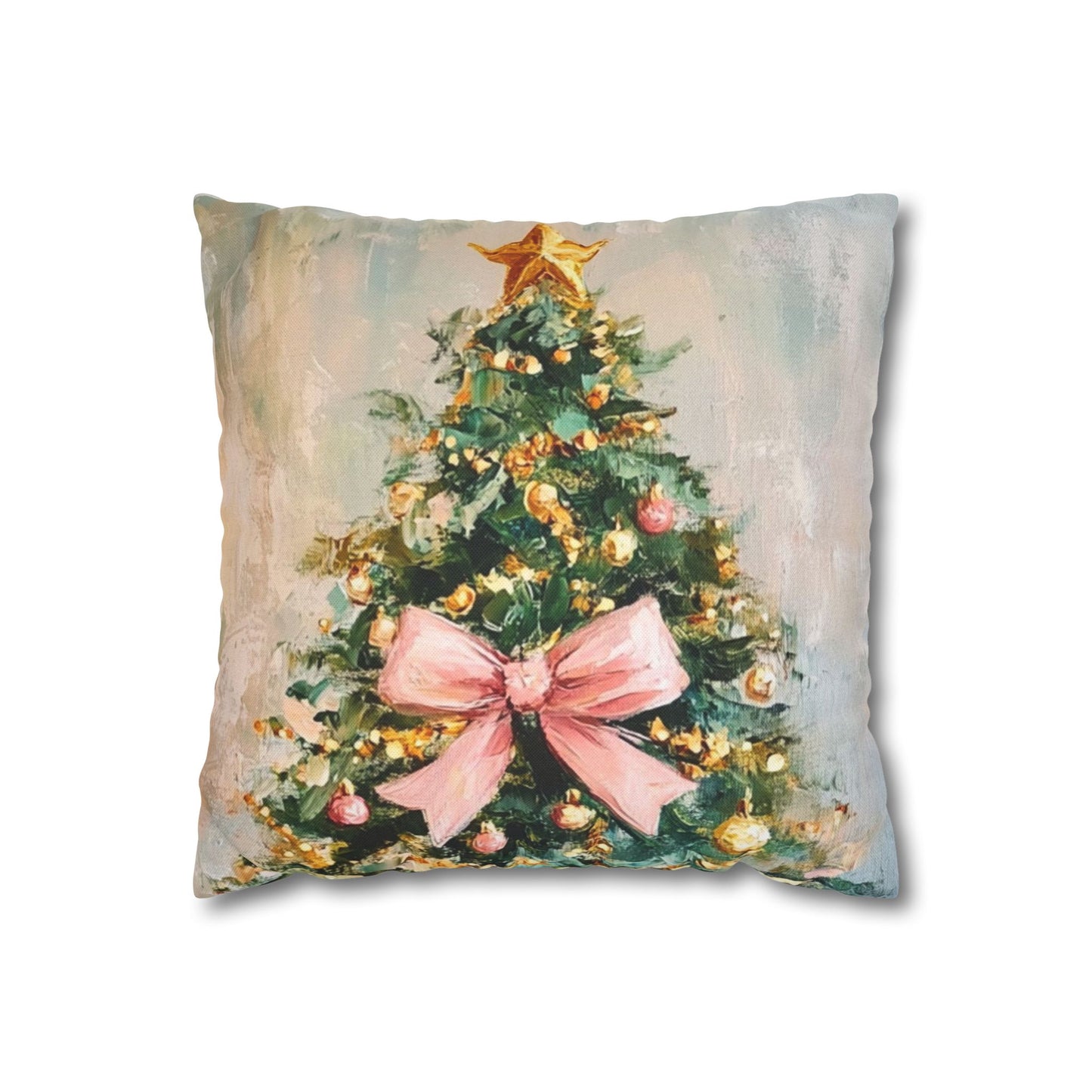 Christmas Tree Pillowcase with Pink Bow – Holiday Decorative Throw Pillow Cover