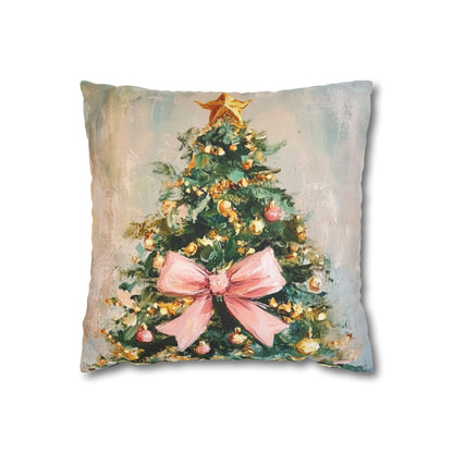 Christmas Tree Pillowcase with Pink Bow – Holiday Decorative Throw Pillow Cover