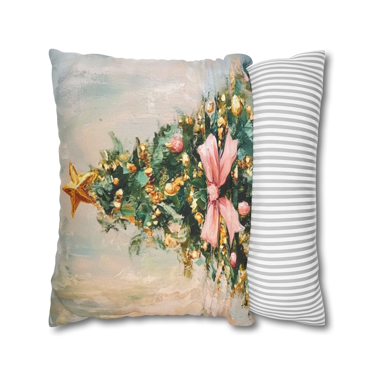 Christmas Tree Pillowcase with Pink Bow – Holiday Decorative Throw Pillow Cover
