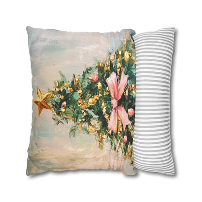 Christmas Tree Pillowcase with Pink Bow – Holiday Decorative Throw Pillow Cover