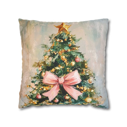 Christmas Tree Pillowcase with Pink Bow – Holiday Decorative Throw Pillow Cover