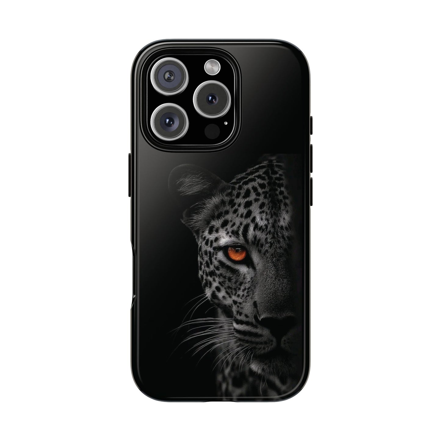 Leopard Gaze Phone Case — Black Protective iPhone Cover with Orange Eye