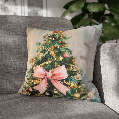 Christmas Tree Pillowcase with Pink Bow – Holiday Decorative Throw Pillow Cover