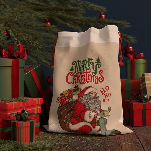 Christmas Santa Scooter Drawstring Gift Bag — "Merry Christmas" Holiday Present Pouch