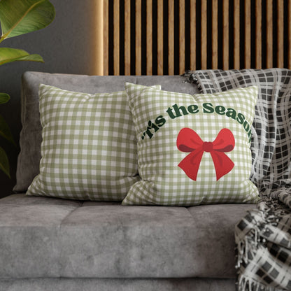 Christmas Throw Pillowcase — "’Tis the Season" Green Gingham with Red Bow