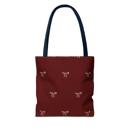Christmas Tote Bag — Burgundy 'Merry Christmas' Bow Pattern Holiday Gift Tote