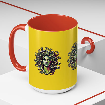 Medusa Accent Coffee Mug — Mythical Snake-Head Design, Yellow & Black Accent (11/15oz)