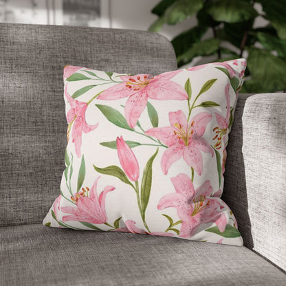 Floral Lily Pillowcase — Pink Watercolor Botanical Square Pillow Cover