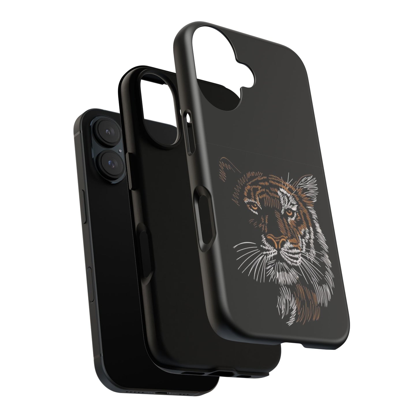 Tiger Face Phone Case — Protective Black Tough Case with Embroidered-Style Tiger Design