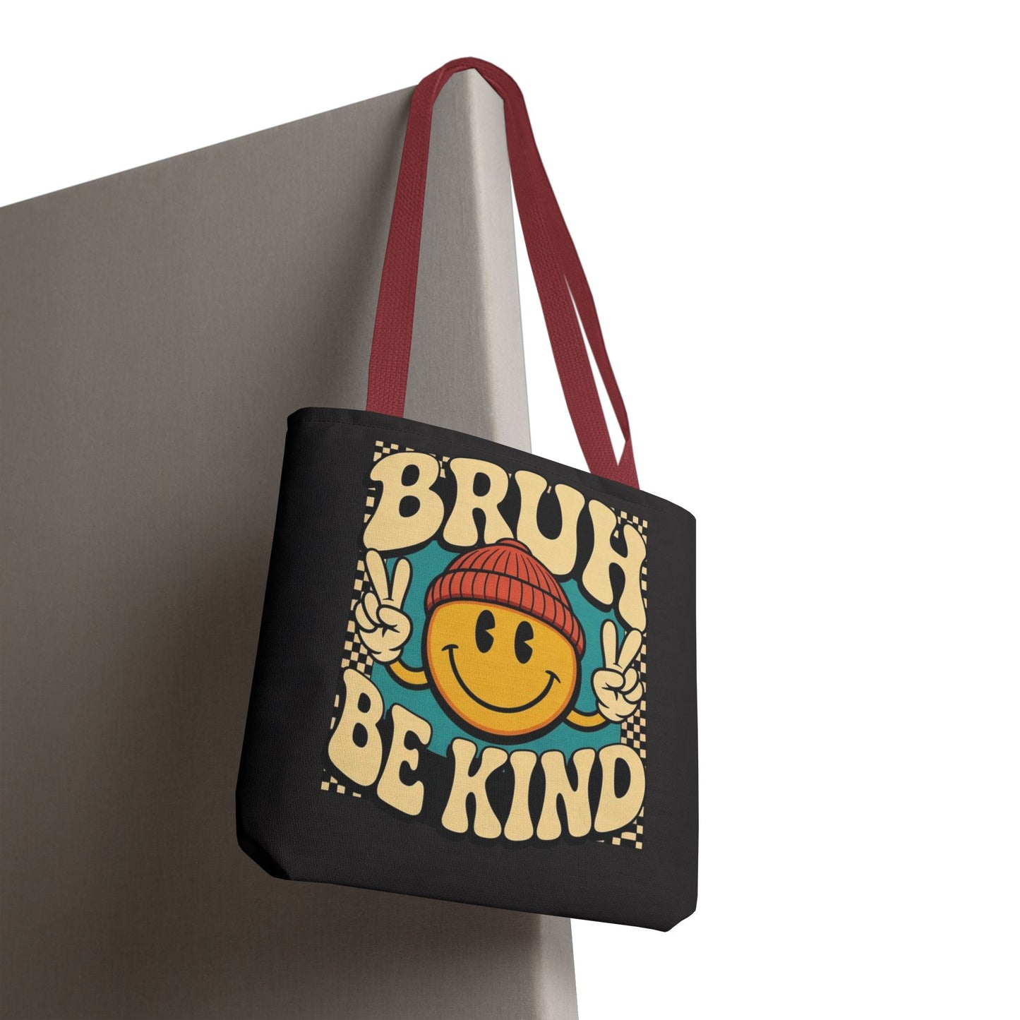 Bruh Be Kind Smiley Tote Bag — Retro Peace Sign Canvas Shopper
