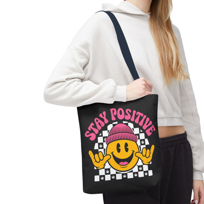 Stay Positive Smiley Tote Bag — Retro Checkerboard Inspirational Canvas Tote
