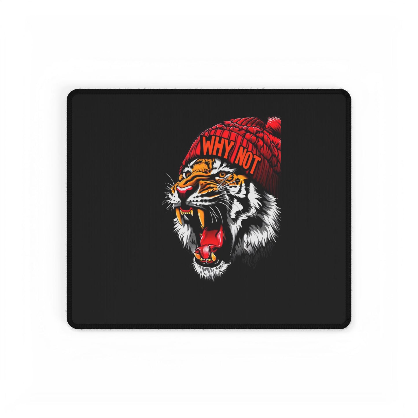 Tiger Head Desk Mat — Bold Roaring Tiger with 'Why Not' Beanie, Large Gaming/Office Mouse Pad