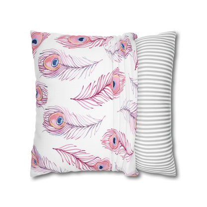 Pink Watercolor Peacock Feather Pillowcase — Decorative Square Throw Pillow Cover
