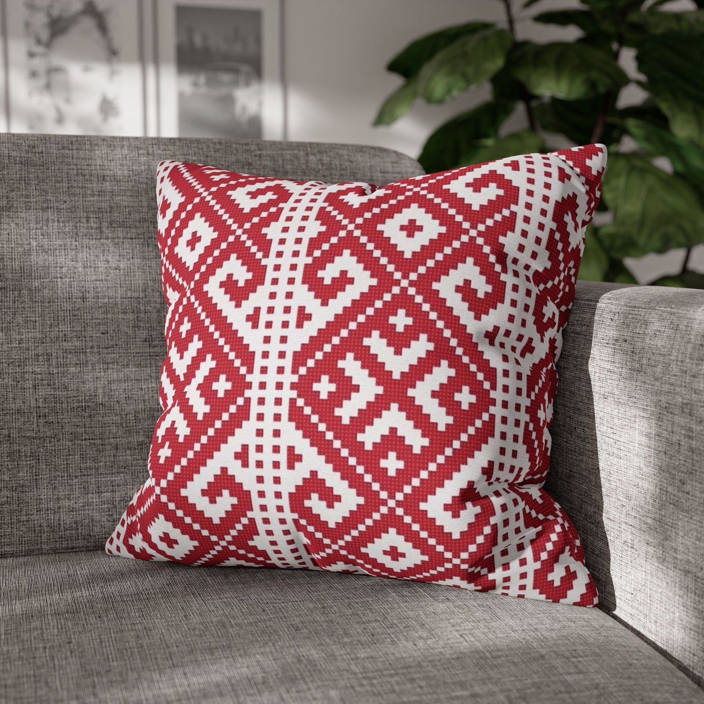 Red Nordic Geometric Pillowcase – Scandinavian Knit Pattern Square Pillow Cover