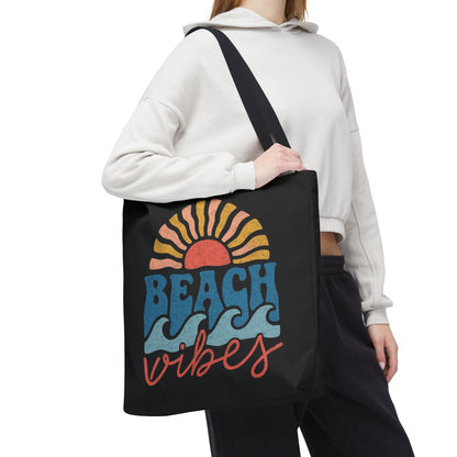 Beach Vibes Tote Bag — Retro Sunset Surf Waves Beach Tote