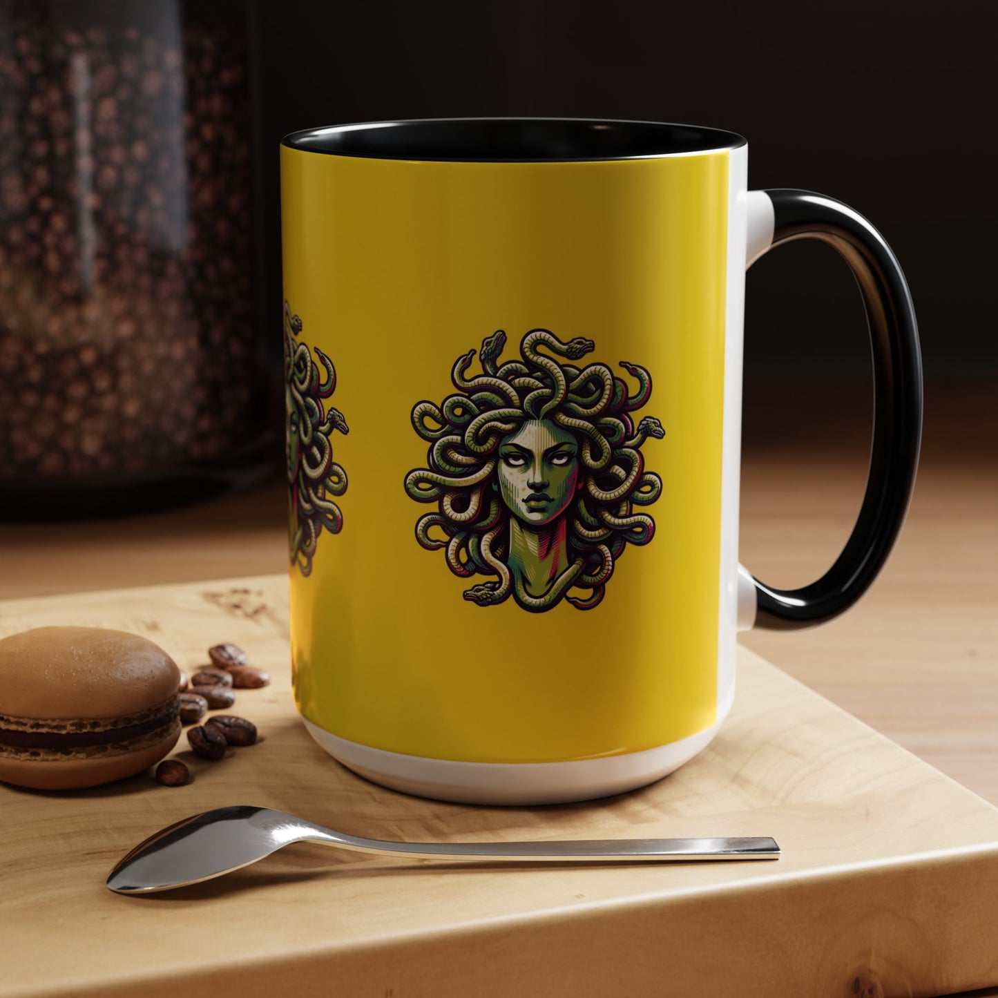 Medusa Accent Coffee Mug — Mythical Snake-Head Design, Yellow & Black Accent (11/15oz)