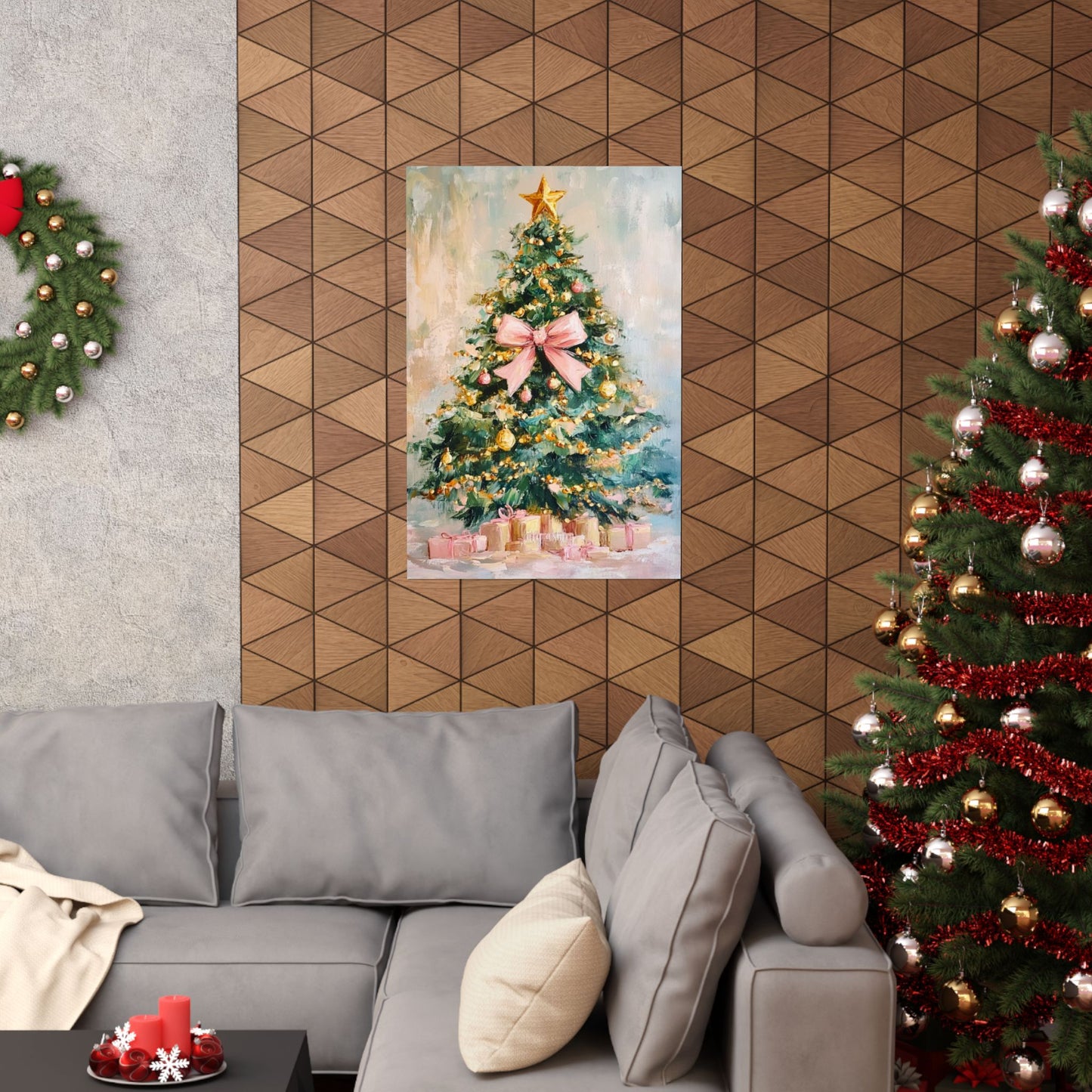 Christmas Tree Poster - Pastel Holiday Art Print with Pink Bow & Presents