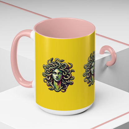 Medusa Accent Coffee Mug — Mythical Snake-Head Design, Yellow & Black Accent (11/15oz)