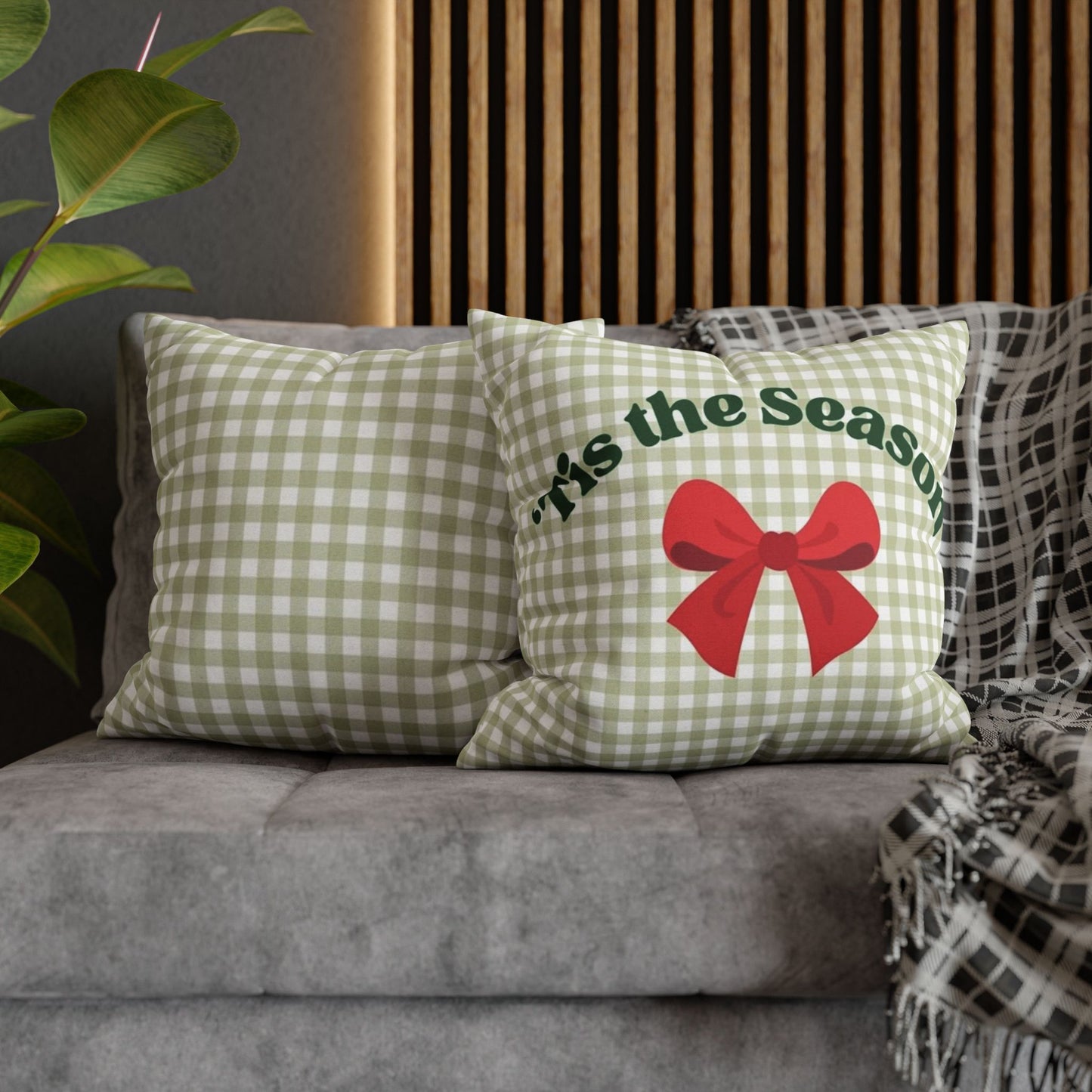 Christmas Throw Pillowcase — "’Tis the Season" Green Gingham with Red Bow