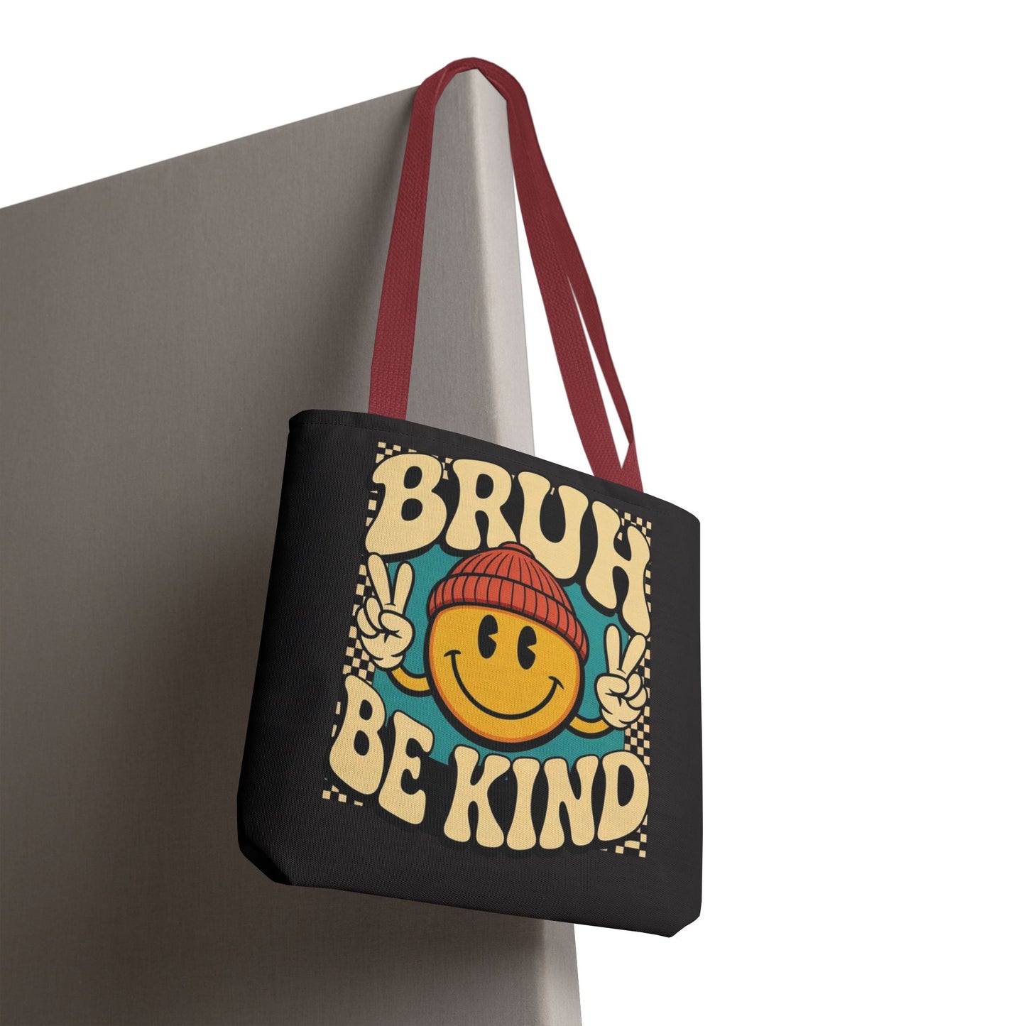 Bruh Be Kind Smiley Tote Bag — Retro Peace Sign Canvas Shopper