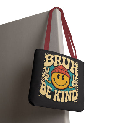 Bruh Be Kind Smiley Tote Bag — Retro Peace Sign Canvas Shopper