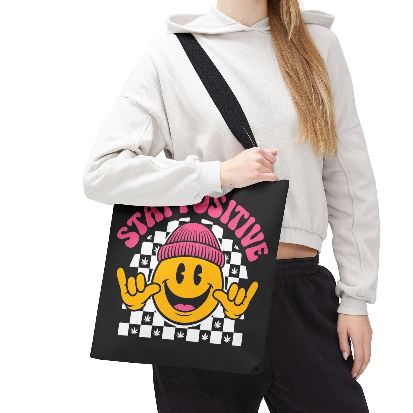 Stay Positive Smiley Tote Bag — Retro Checkerboard Inspirational Canvas Tote