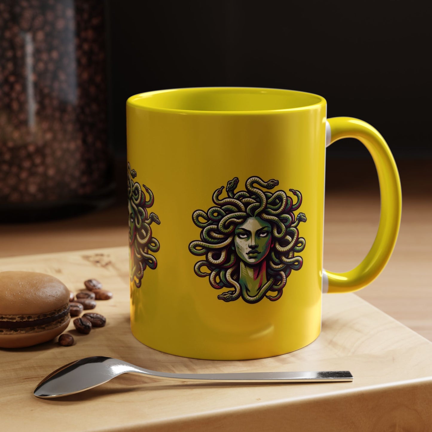 Medusa Accent Coffee Mug — Mythical Snake-Head Design, Yellow & Black Accent (11/15oz)