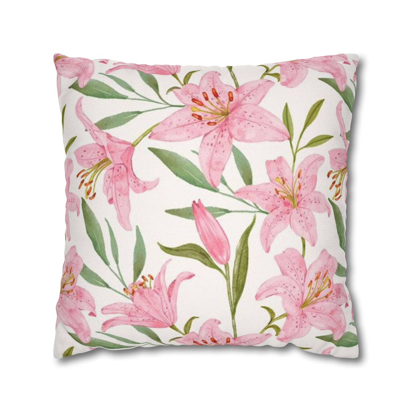 Floral Lily Pillowcase — Pink Watercolor Botanical Square Pillow Cover