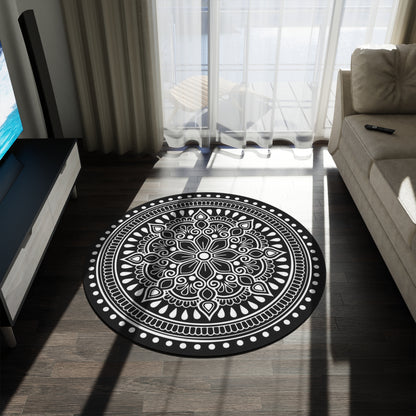 Boho Mandala Round Rug — Black & White Decorative Floor Mat
