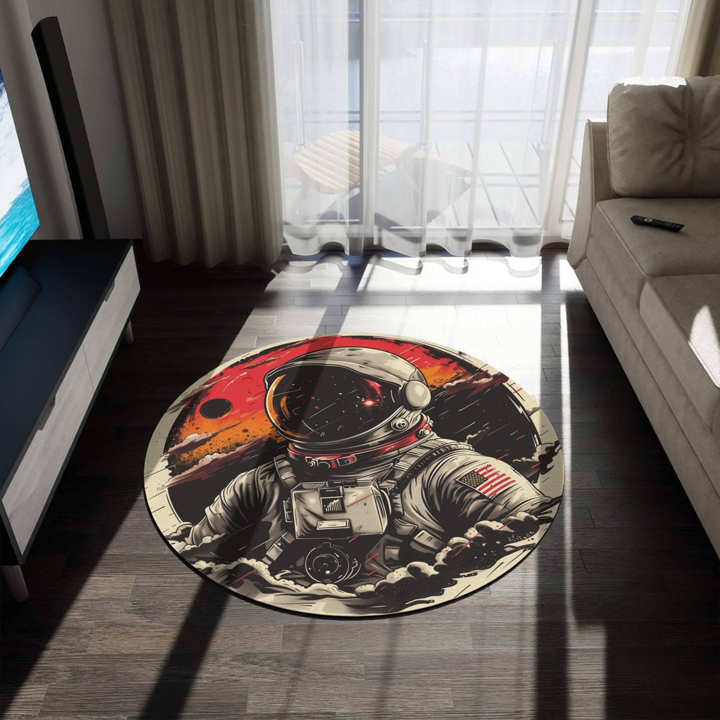 Astronaut Round Rug – Retro Space Explorer Floor Mat