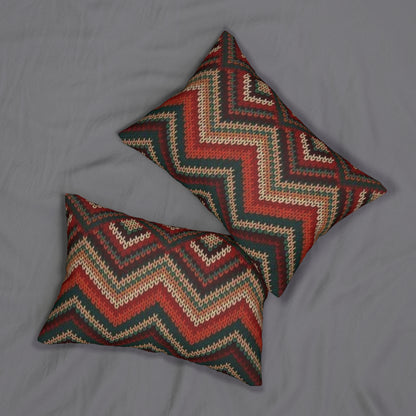 Chevron Knit Pattern Lumbar Pillow — Rustic Red & Forest Green Home Accent