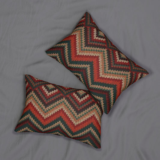 Chevron Knit Pattern Lumbar Pillow — Rustic Red & Forest Green Home Accent