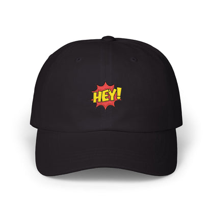Hey! Comic Pop Dad Cap — White Embroidered Baseball Hat