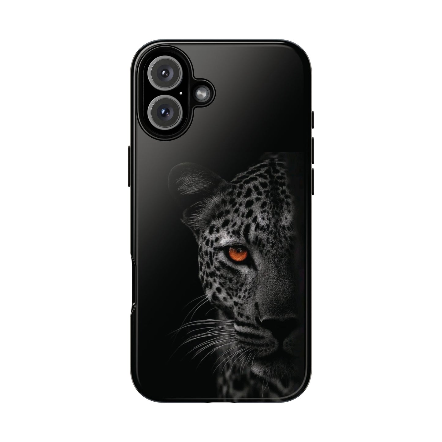 Leopard Gaze Phone Case — Black Protective iPhone Cover with Orange Eye
