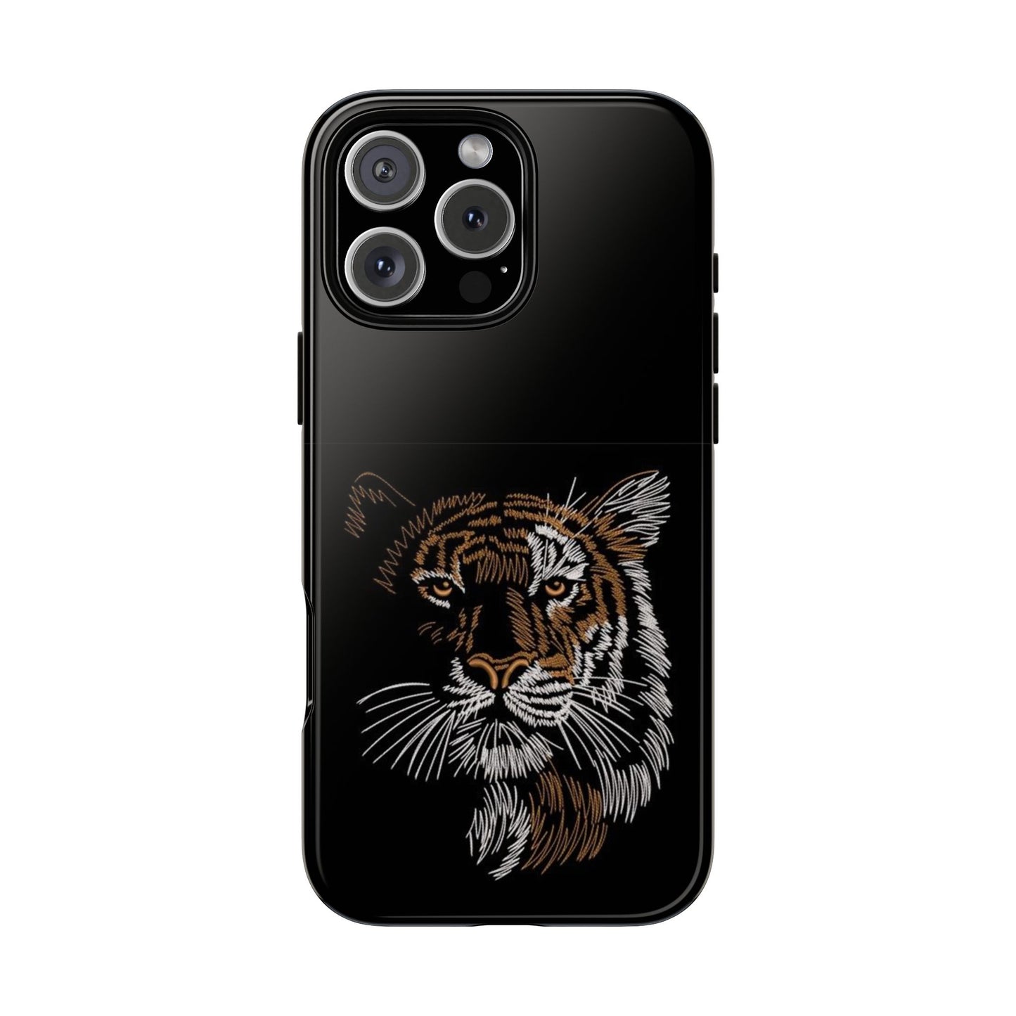 Tiger Face Phone Case — Protective Black Tough Case with Embroidered-Style Tiger Design