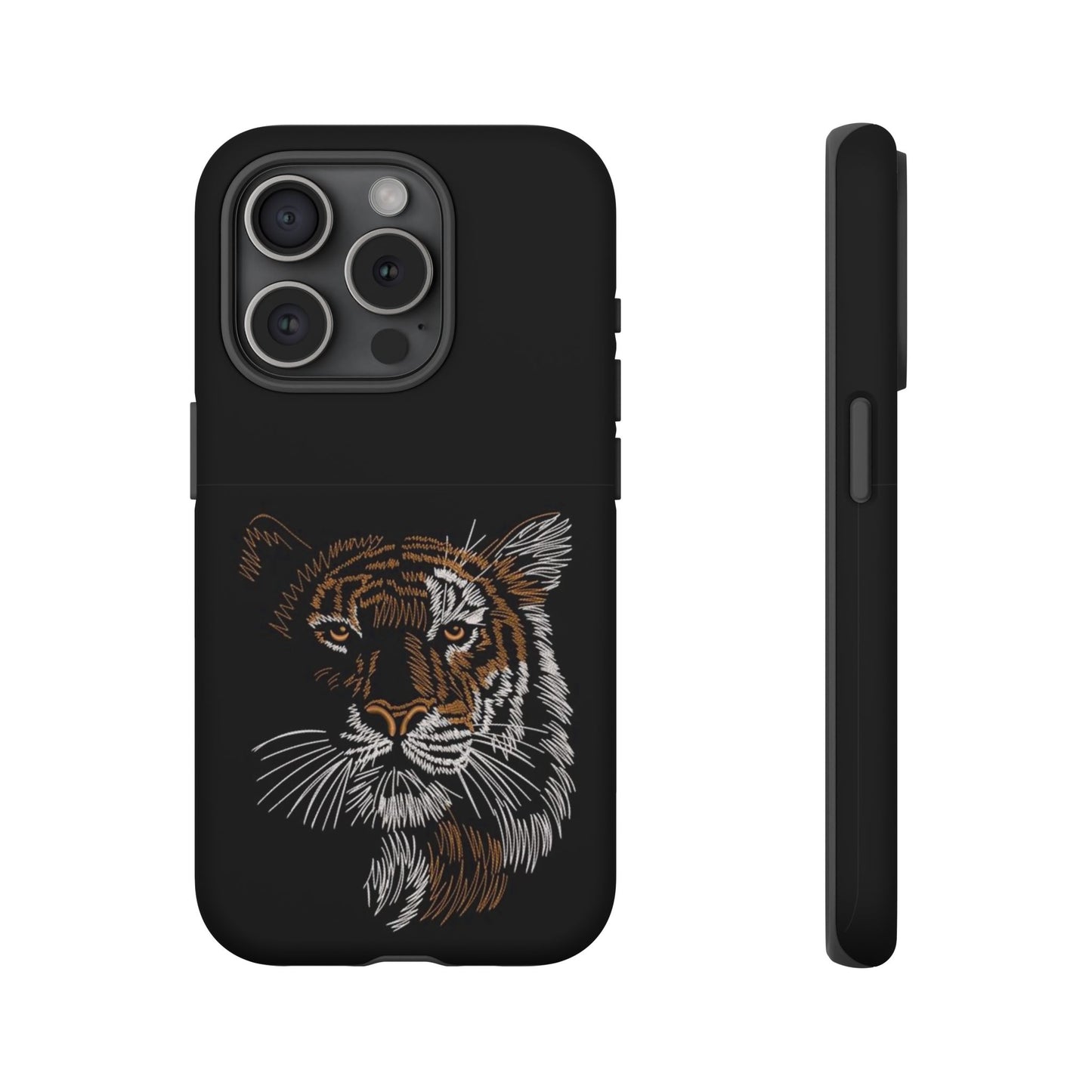 Tiger Face Phone Case — Protective Black Tough Case with Embroidered-Style Tiger Design