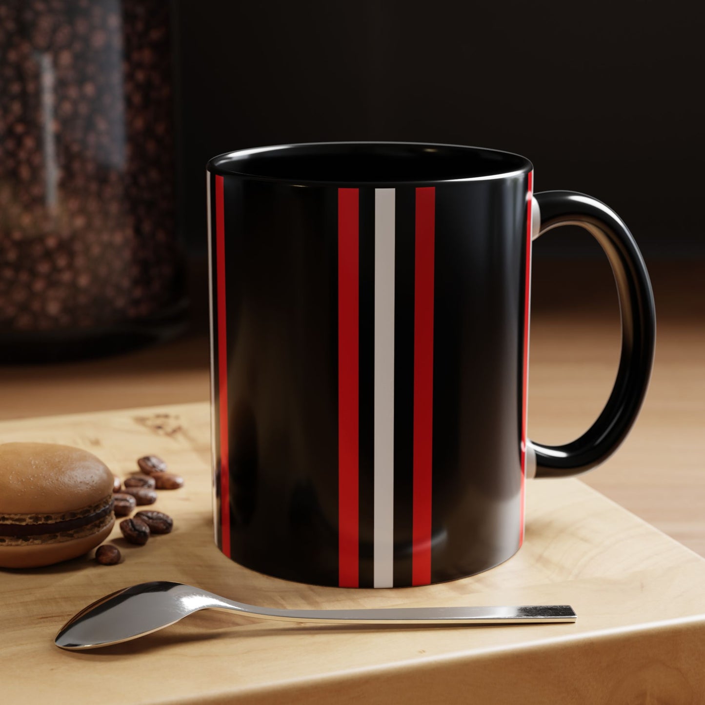Black Accent Coffee Mug with Red & White Racing Stripes — 11/15oz