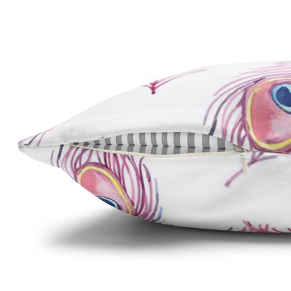 Pink Watercolor Peacock Feather Pillowcase — Decorative Square Throw Pillow Cover