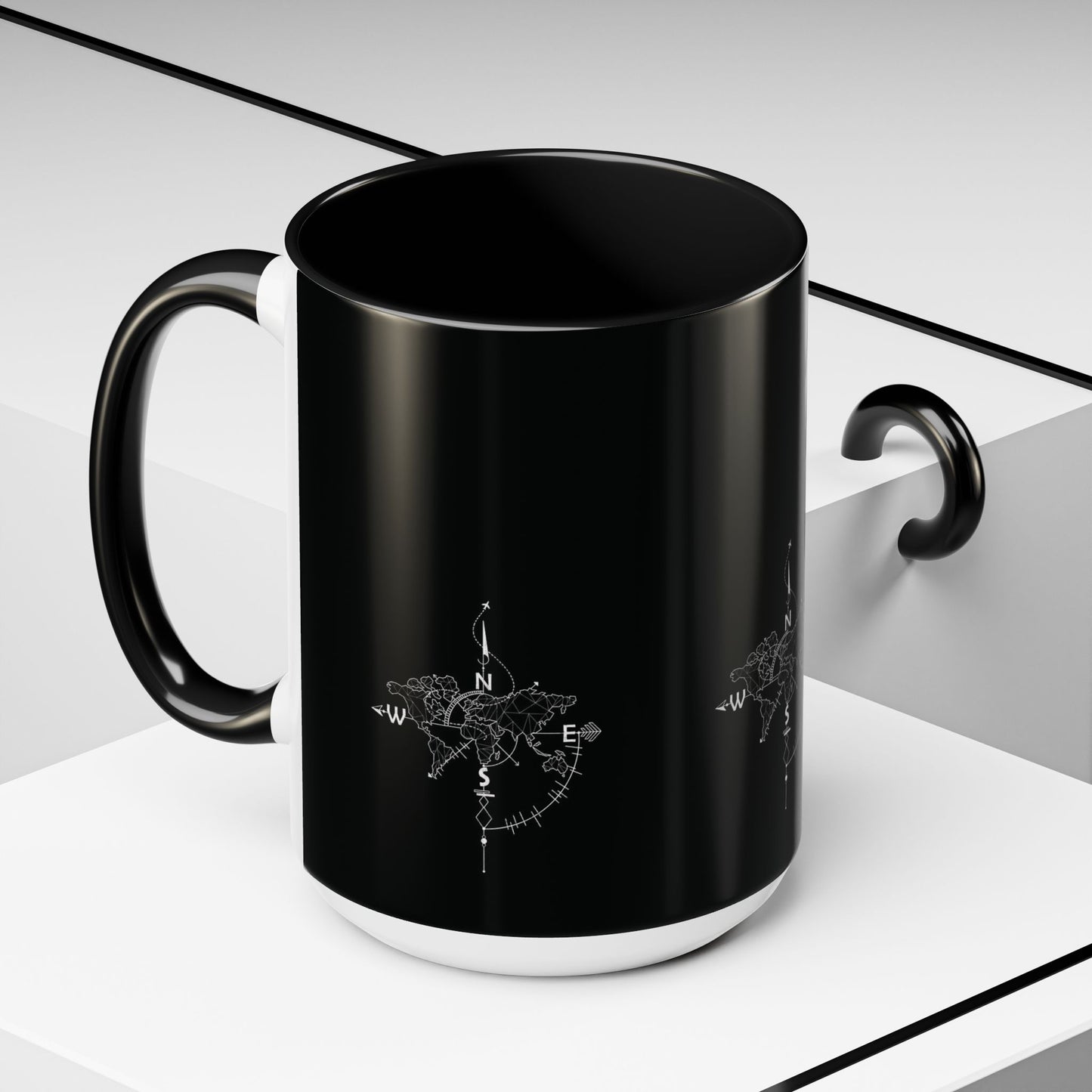 Compass World Map Coffee Mug — Black Accent Travel Mug for Explorers