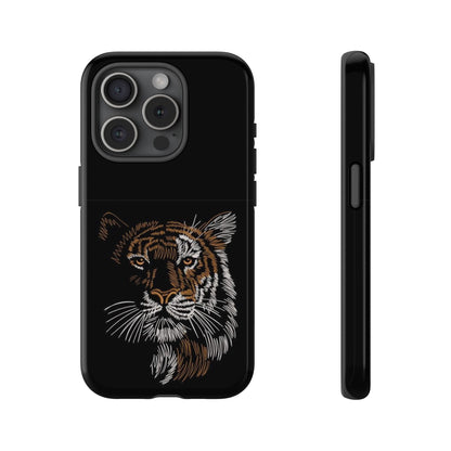Tiger Face Phone Case — Protective Black Tough Case with Embroidered-Style Tiger Design