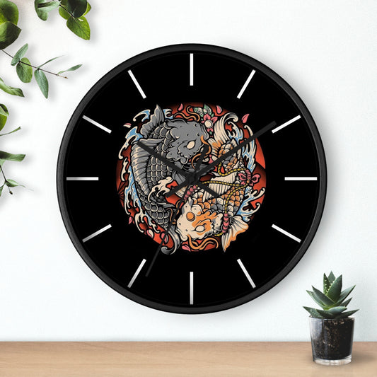 Koi Yin Yang Wall Clock — Japanese Tattoo Style Koi Fish Timepiece