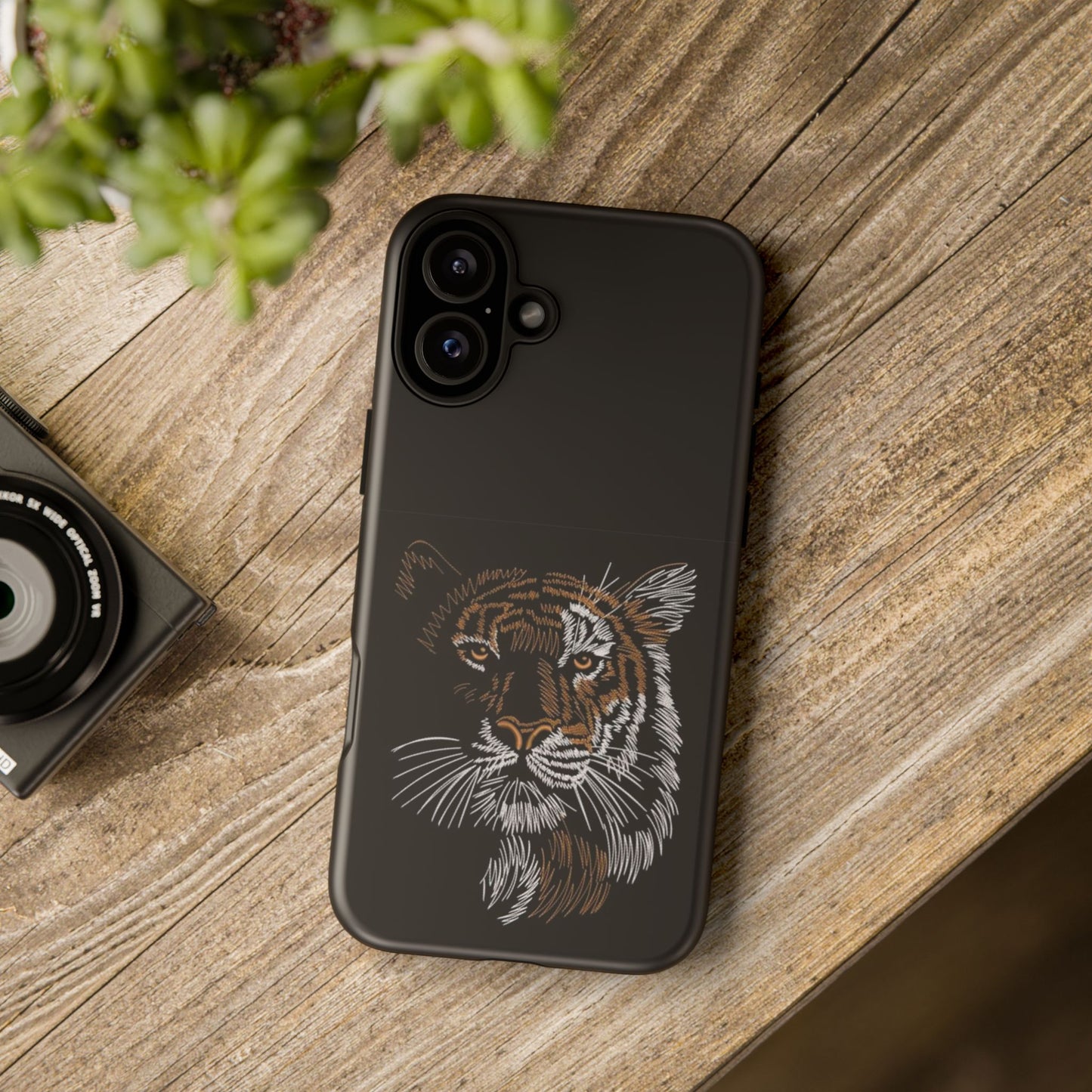 Tiger Face Phone Case — Protective Black Tough Case with Embroidered-Style Tiger Design