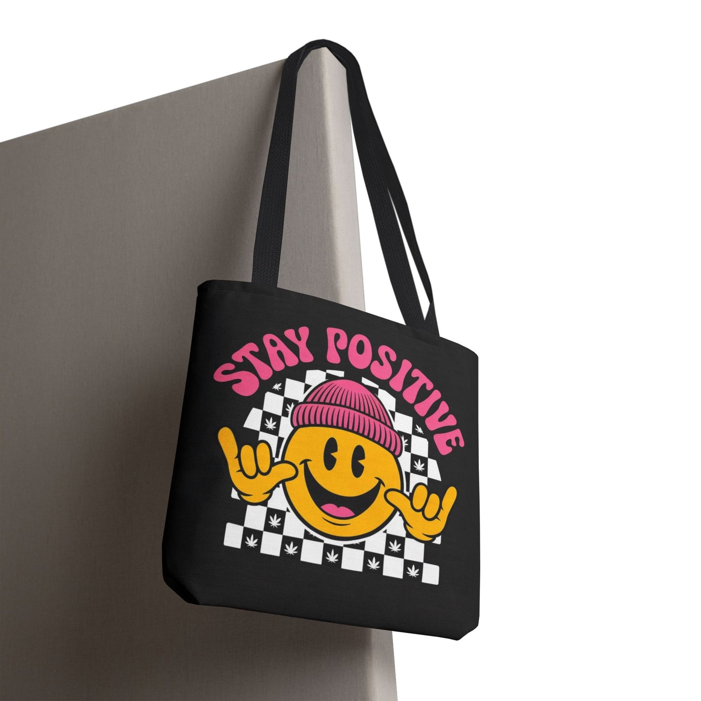 Stay Positive Smiley Tote Bag — Retro Checkerboard Inspirational Canvas Tote