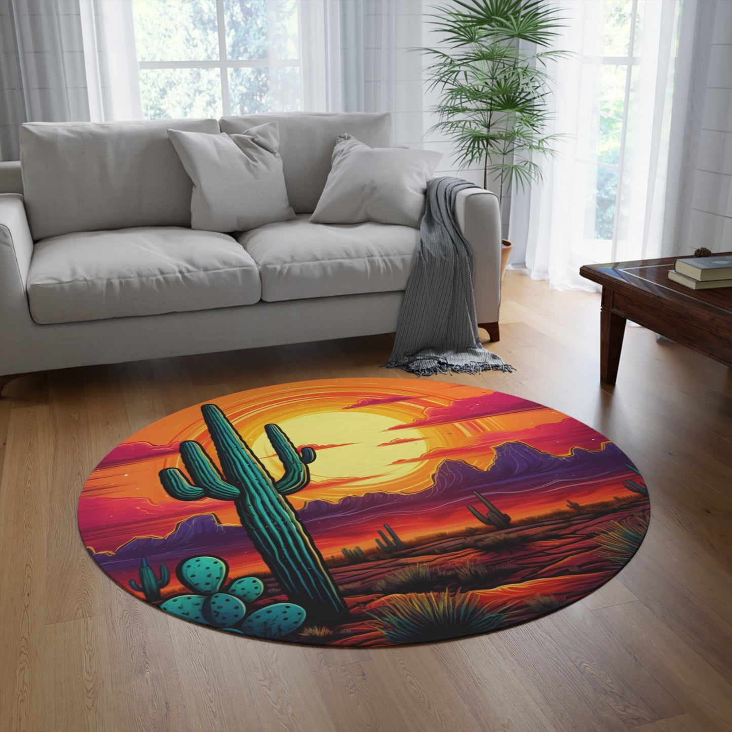 Southwest Sunset Round Rug — Vibrant Cactus Desert Scene